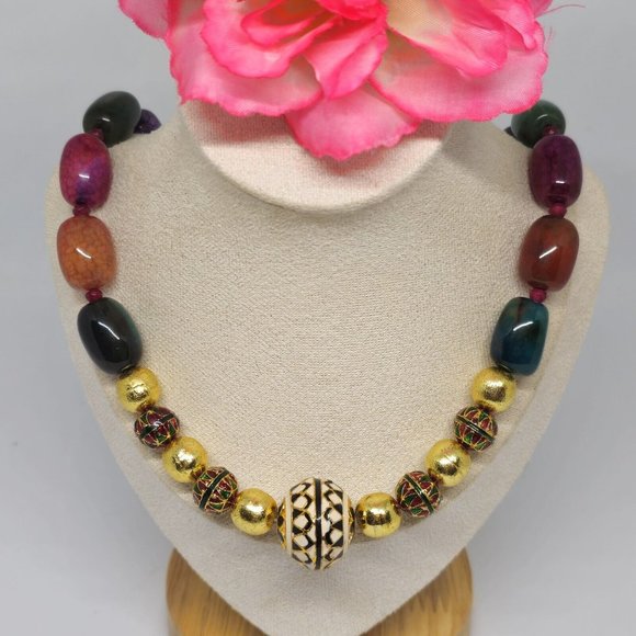 Enamel Cloisonne Crackle Agate Beaded Statement Necklace Gold Green Red Purple - Picture 13 of 14